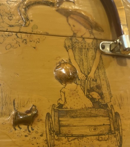 Holly Hobbie Decoupage Purse Lucite Handle Vintage Gold Velvet Lined W- Mirror - Picture 10 of 14