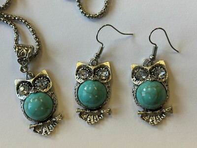 Turquoise Vintage Owl Pendant Necklace and Earrings Set