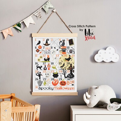 Kreuzstichmuster Halloween Kalender Tabelle von LiluXstitch. Gruselige Stickerei