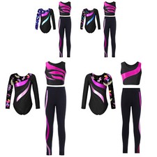 Kids Girls Dancewear Sportswear 3Pcs Set U Neck Bodysuit Party Wear Long Sleeve