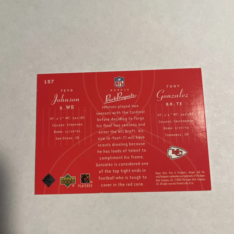 Tony Gonzalez Teyo Johnson Pros & Prospects 2003 RC Rookie #157 /1800 - Image 2 of 2