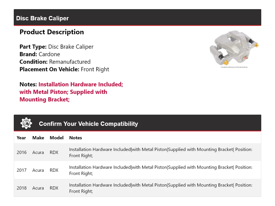Pinza de freno de disco delantera derecha Cardone 2017 para Acura RDX 2016-2018 Foto 2 de 4