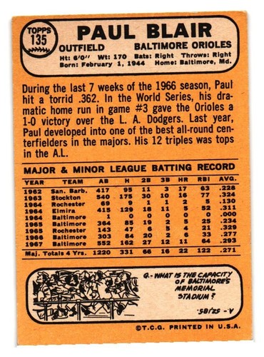 1968 Topps - #135 Paul Blair - Picture 2 of 2