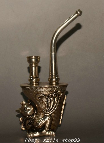 Statua borsa narghilè animale 7,4" vecchia dinastia bronzo puro argento fenice uccellino bestia - Foto 5 di 9