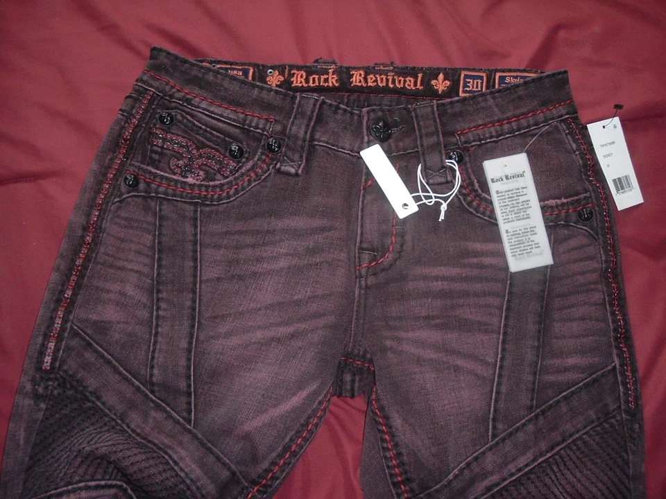 ROCK REVIVAL Biker Flex Stretch Burdeos Tamaño 30x32 NUEVO Con Etiquetas - Imagen 2 de 4