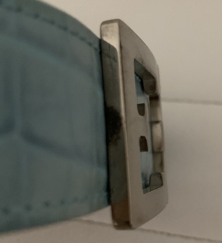 VTG ESCADA AQUA BLUE LEATHER SIZE 40 BELT W/ SILVER METAL E BUCKLE ITALY - Picture 10 of 10