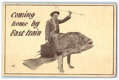1912 Exaggerated Fish Riding Man Coming Home By Fast Train Antique ...