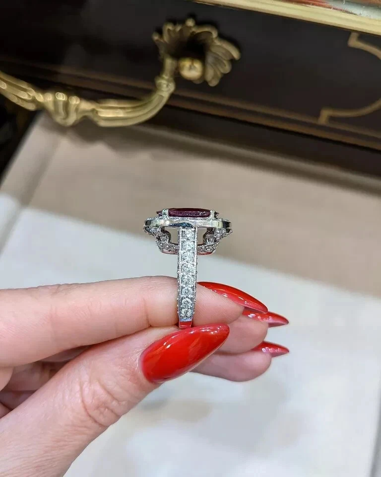13.11 Ct Cushion Cut Natural Ruby & Diamond Wedding Ring 14K White Gold size 6 - Image 3 of 4