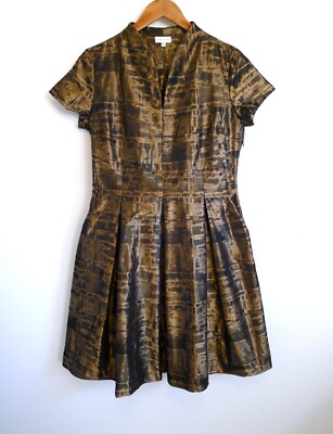 ALBA CONDE SPAIN Structured A-Line Pleat Gold Bronze Dress YOOX 40 6 M $595