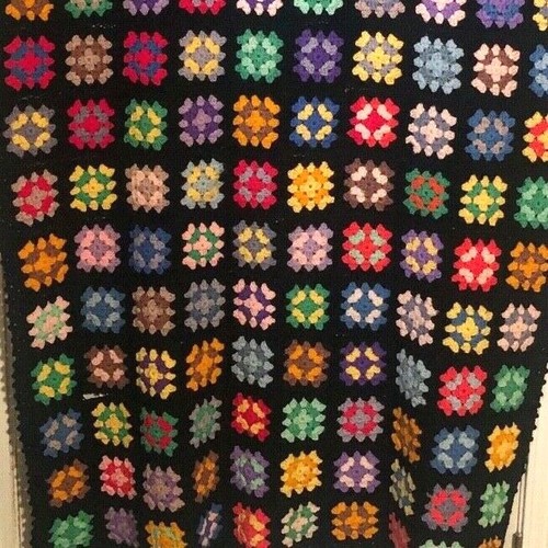 Vintage Granny Square Afghan Crochet Throw Blanket Black 40” X 65” See Descript - Picture 2 of 3