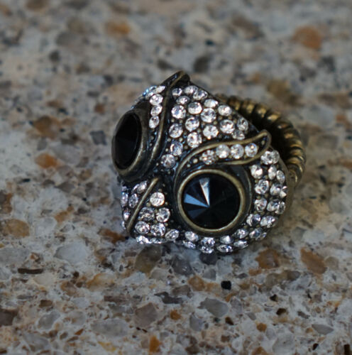 Vintage Wise Owl Statement Metal Ring With Diamante and Black 