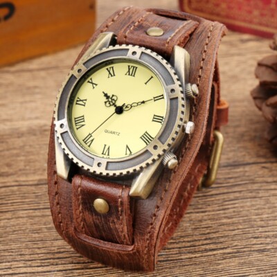 Montre rétro homme quartz analogique bracelet cuir noir/marron