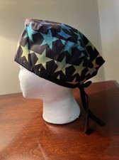 Rainbow Color Stars on Black Surgical Scrub Hat Cap Unisex Reversible Lined