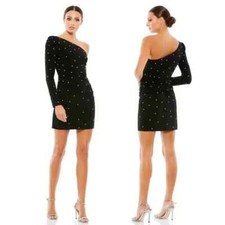 Mac Duggal Black Rhinestone One Shoulder Long Sleeve Mini Dress Size 12 $348