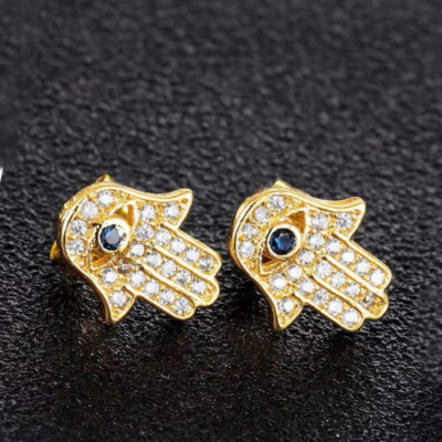 Gold CZ Evil Eye Hamsa Stud Earrings Punk Hip Hop Protection Jewelry Men Women