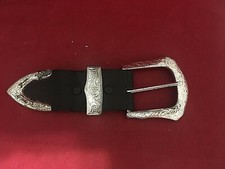 Vintage cowboy belt 3 pcs buckle engraved flower design silver-plate 1    strap