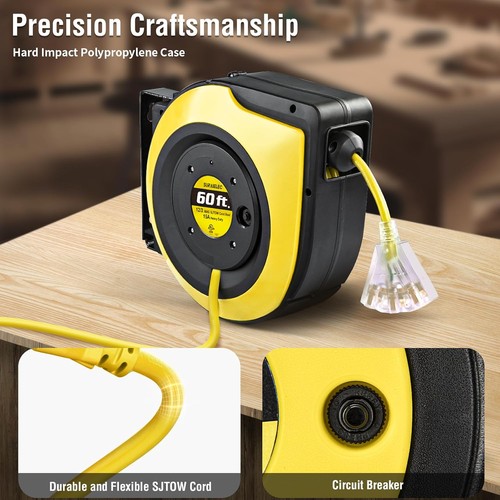 12 Gauge Extension Cord Reel, 60 FT Retractable Extension Cord, 12 AWG/3C SJTOW - Picture 7 of 7