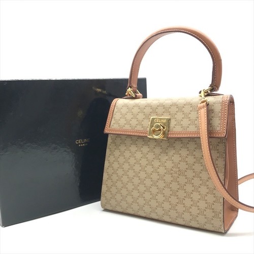 CELINE Macadam Trapeze 2Way Hand Shoulder Bag Beige PVC Leather Authentic