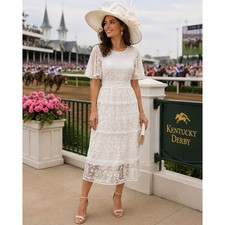Orange Creek Midi Dress M White Floral Lace Tiered Flutter Sleeve Kentucky Derby