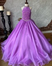 Hanging Neck Collar Children's Party Dress Crystal Sequin Velvet Ball Gowns