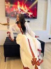 Ethiopian Traditional White Dress Red Yellow Embroidery