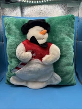 Winter Snowman Christmas Holiday Throw Pillow Green White Carrot Nose 13x13