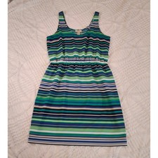 LOFT Womens 8 Sleeveless Dress Blue Green Striped Elastic Waist Scoop Neck Lined