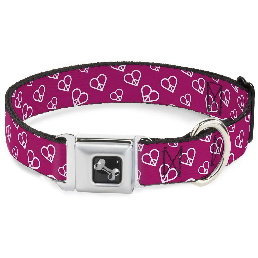 Buckle-Down Pet Collar, Dog Collar Metal Seatbelt Buckle, Mini Peace Hearts Fuch