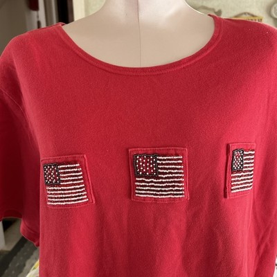 Quacker Factory Size 2XL Top T-Shirt Beaded American Flag Patriotic 3/4 Sleeve