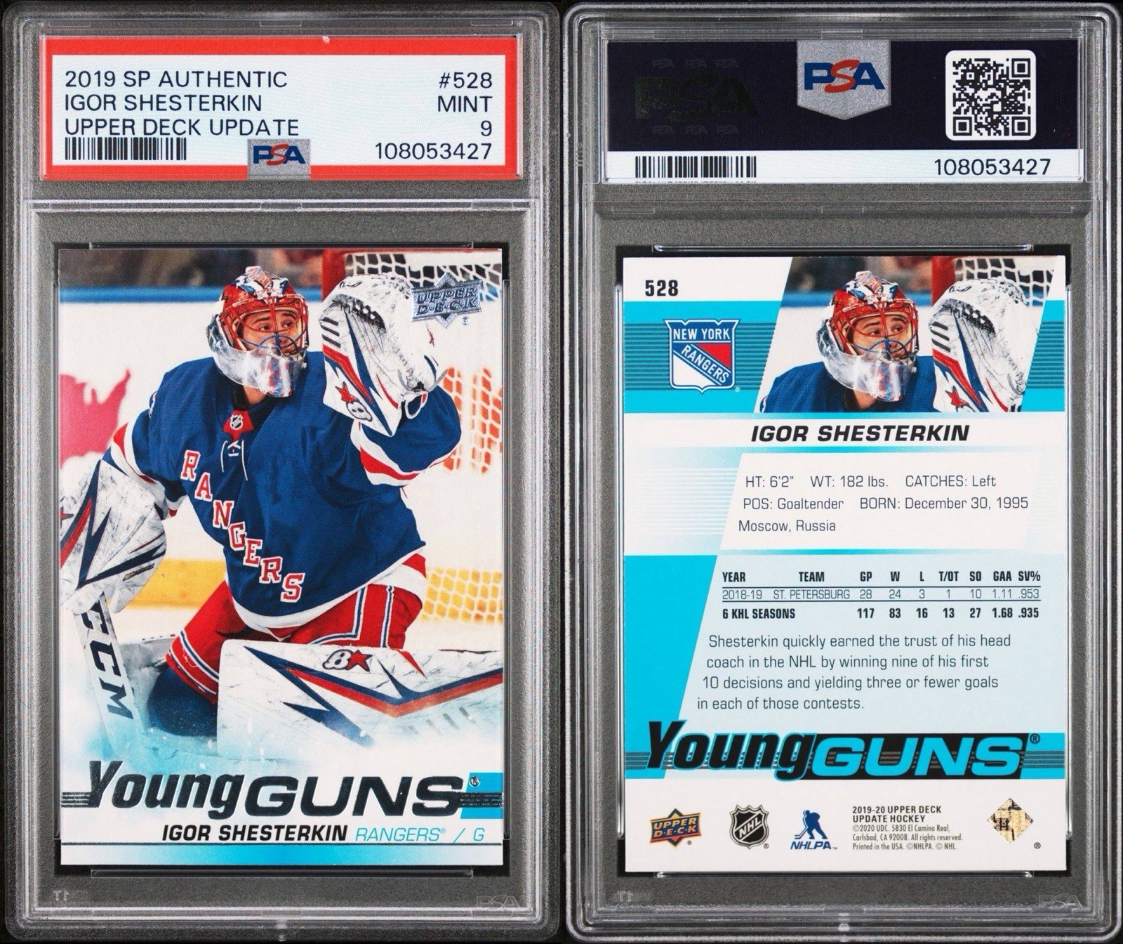 Upper Deck 2019-20 Update Young Guns Igor Shesterkin #528 Rangers RC PSA 9 view 3