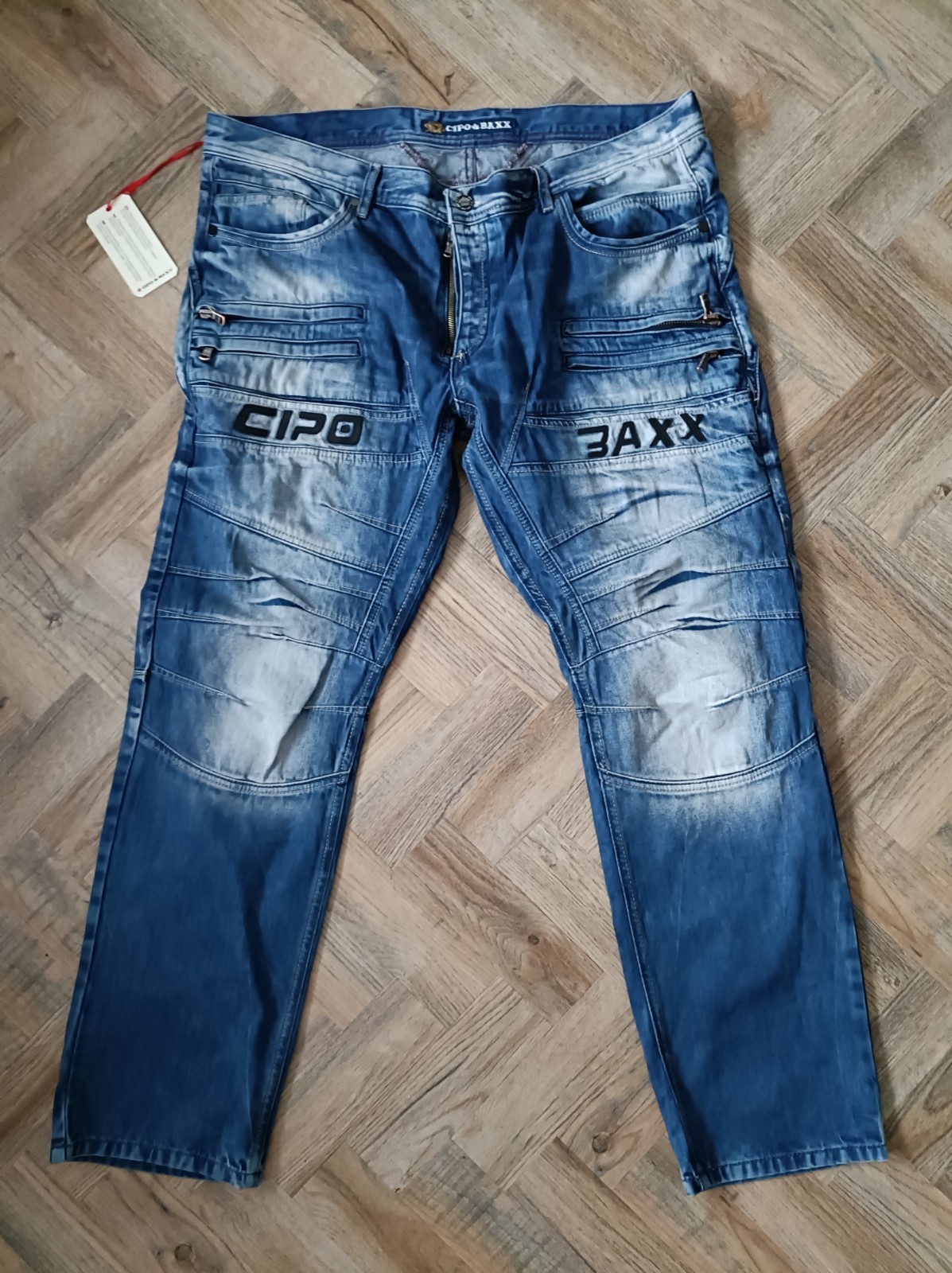Pantalones de mezclilla Cipo & Baxx para hombre azul lavado detalle cremallera estilo motociclista cargo - w42 l32 nuevos con etiquetas