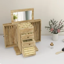 HOMCOM 4-Tier Wooden Jewelry Box, Jewelry Organizer with Mirror, Brown