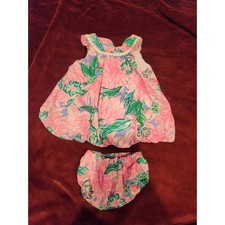 Lilly Pulitzer Baby Girl Floral Bubble dress Diaper Cover Set Pink Green 6-12M