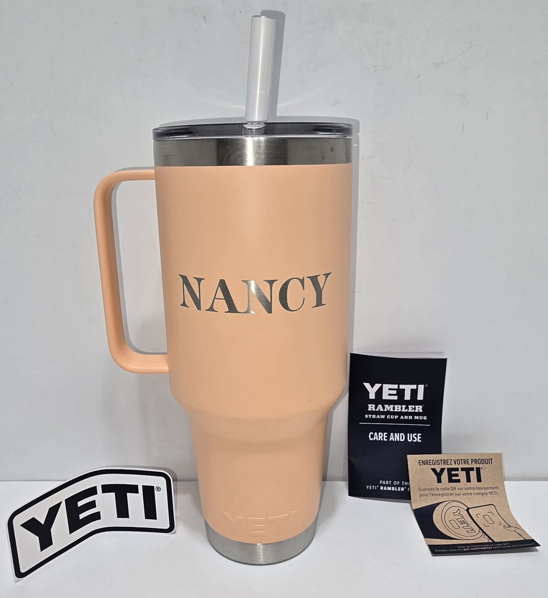 Yeti Rambler 42 Oz Straw Mug W/Straw Lid, Peach Color, Custom 