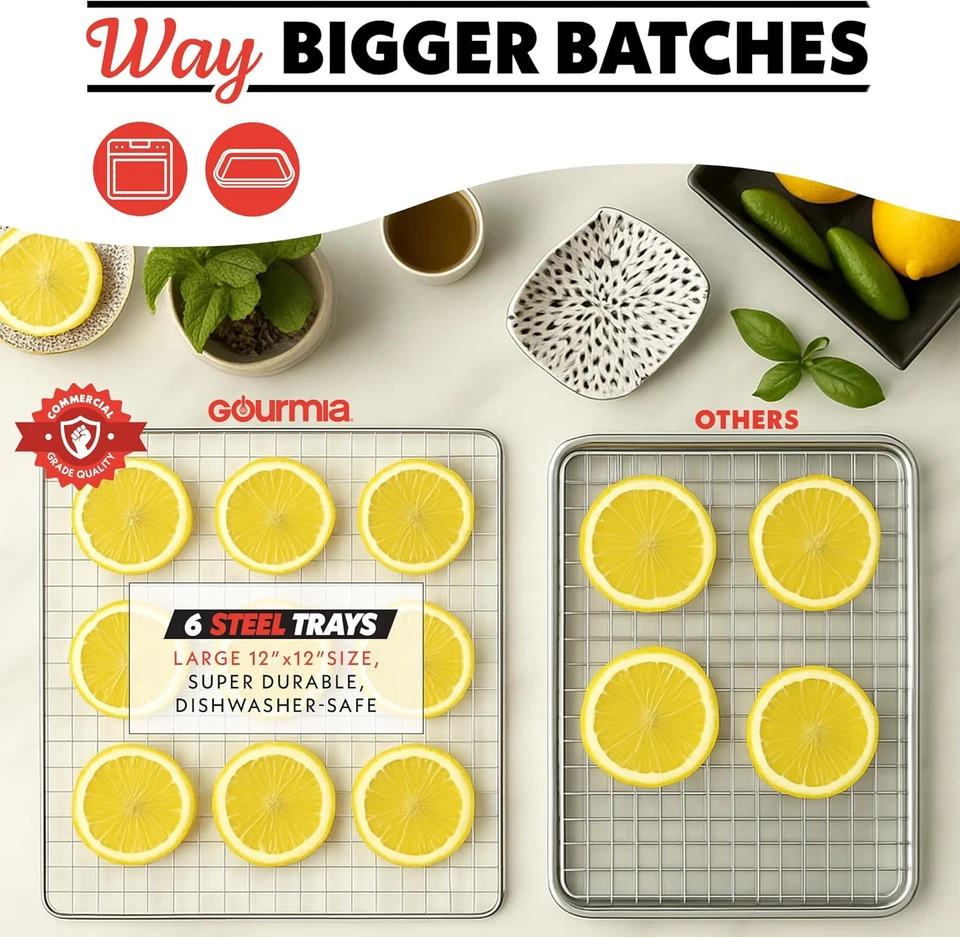 Deshidratador digital de alimentos Gourmia - 6 bandejas de acero inoxidable, flujo de aire 360°, un solo toque Foto 3 de 4