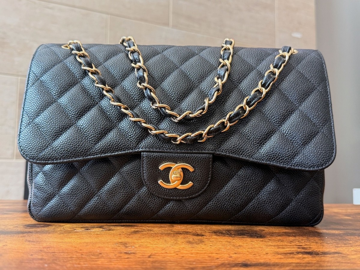 Chanel Black Quilted Caviar Leather Jumbo Classic Double Flap Gold