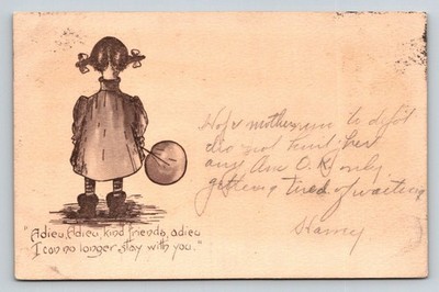 1907 Adieu Little Girl Pigtails Goodbye Postcard Ohio Postmark Sentimental