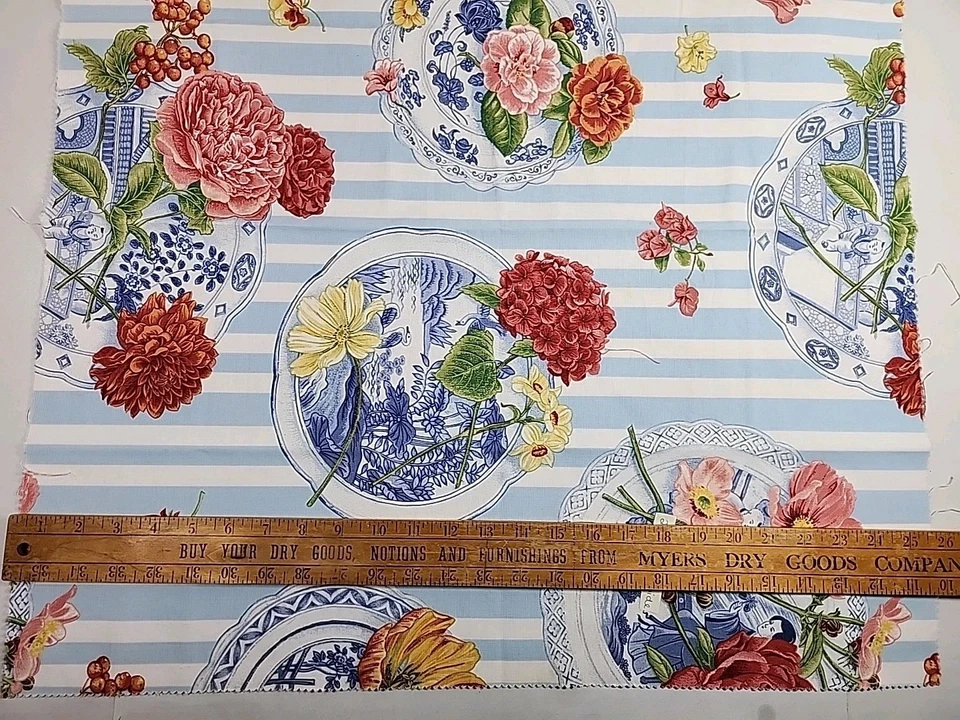 Braemore Oriental Blue Plate Floral Upholstery Interior Sample Fabric 26x26 Vtg - Image 3 of 4
