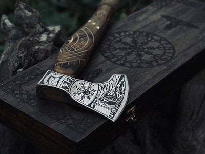 Viking Battle Axe Hand Forged High Carbon Steel Axe Wooden Handle w/ Leather She