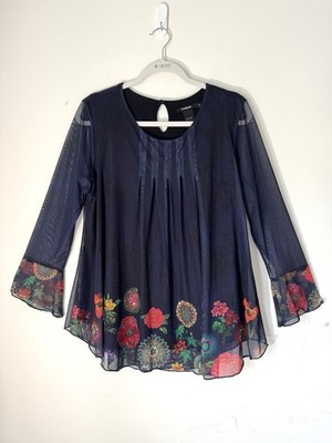 Desigual Navy Sheer Mesh Top Swing Bell Sleeves Women Sz XL Fairy Floral Boho