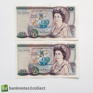 ENGLAND: 2 x 20 English Pound Banknotes with Consecutive Serial Numbers.