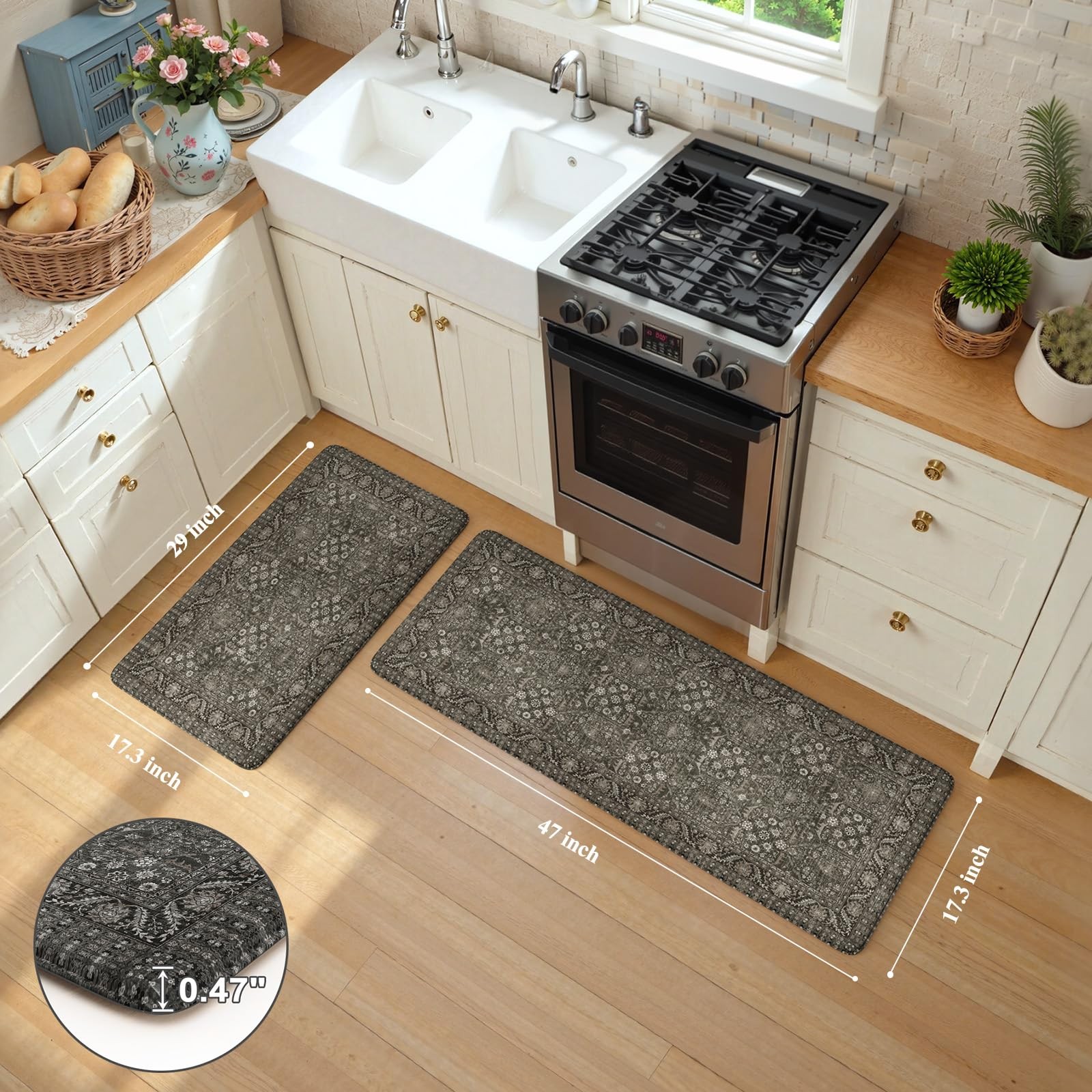 KIMODE Anti Fatigue Kitchen Mat 2PCS Waterproof Non-Slip Cushioned Rugs 17x47...