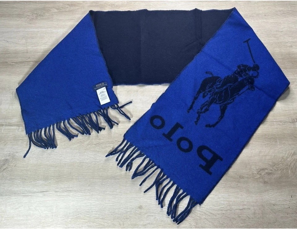 Polo Ralph Lauren Unisex Hombre Mujer Bufanda Azul BIG PONY Mezcla Lana REVERSIBLE Foto 3 de 4