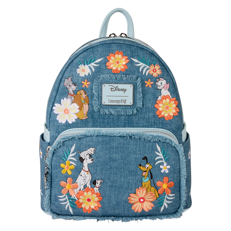 Disney Dogs & Cats Floral Denim Fringe Mini Backpack by Loungefly