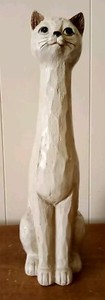 14" Wood Composite Long Necked White Cat with Spots  