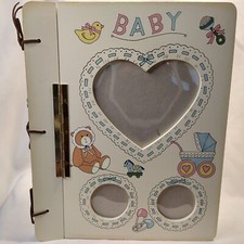 Baby Photo Album Frame Display Wooden Covers Leather Tied Hinges Vintage