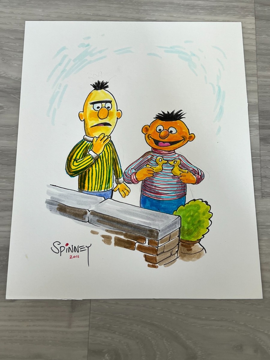 Ernie and Bert Signed Drawing Sketch Caroll Spinney Sesame Street Big Bird
