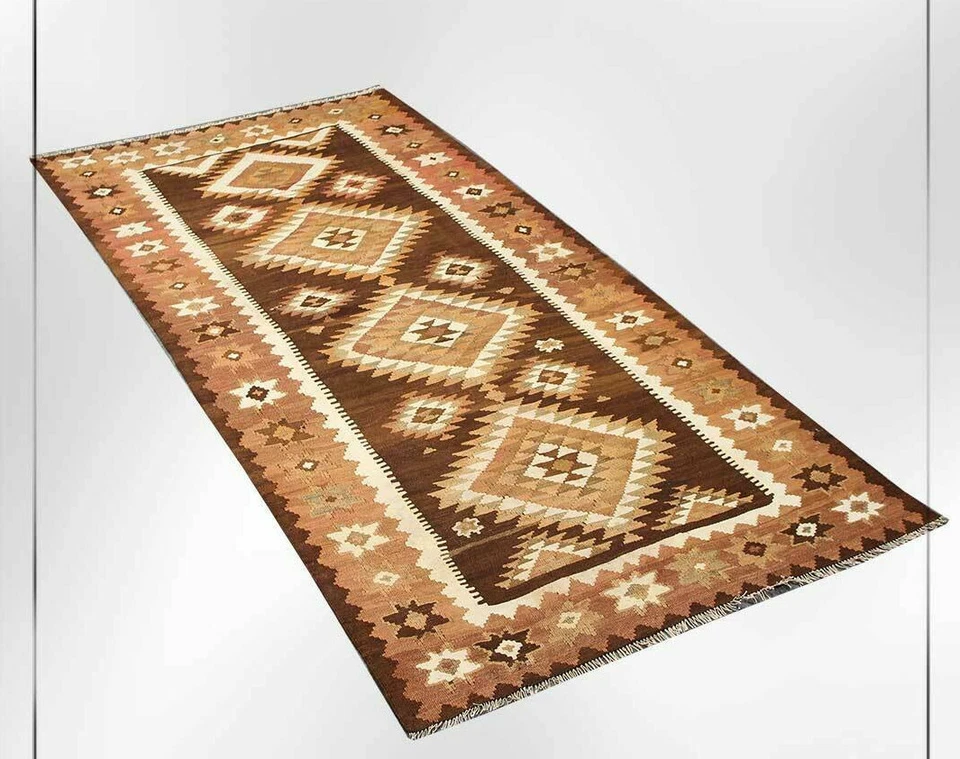 Alfombra Kilim de lana anudada a mano vintage 4x9 alfombras de área geométrica turca 4'7' x 9'6" Foto 4 de 4