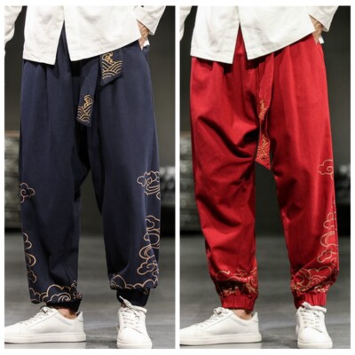Men Chinese Kung Fu Pants Tai Chi Trousers Wushu Lace Up Martial Arts Sports Red