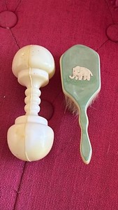Antique 1940s Celluloid Elephant Hairbrush and Baby Rattle